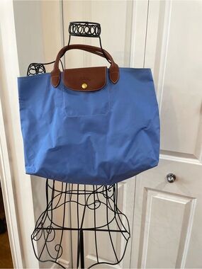 Longchamp Blue Tote with Brown Leather Trim
